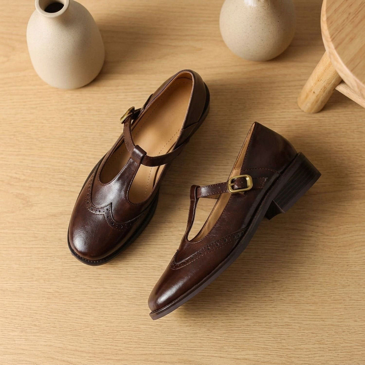 Women's Brogue T-Bar Mary Jane Shoes Low Block Heel