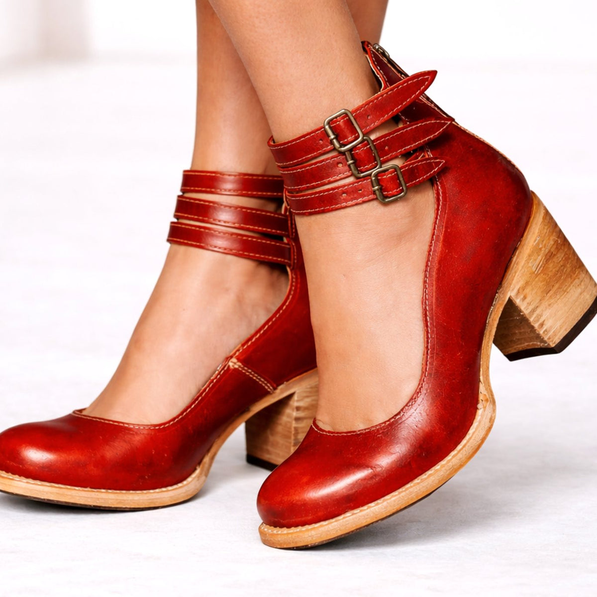 Women's Brown Block-Heel Triple-Buckle Leather Ankle Boots - Red