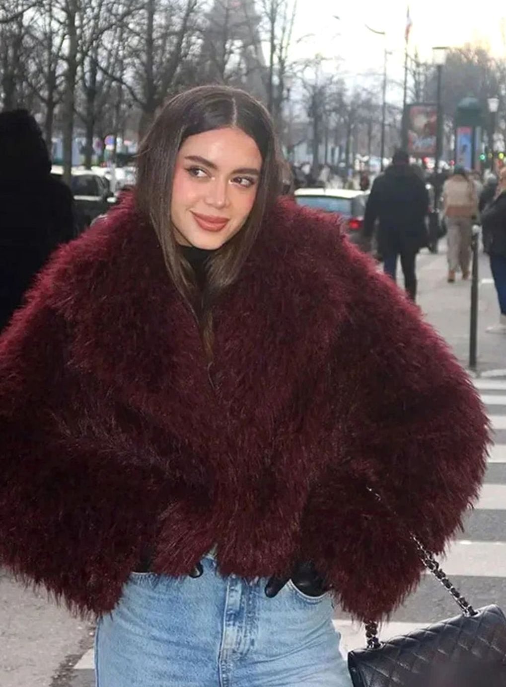 Women's Burgundy Faux Fur Oversized-Collar Fluffy Jacket