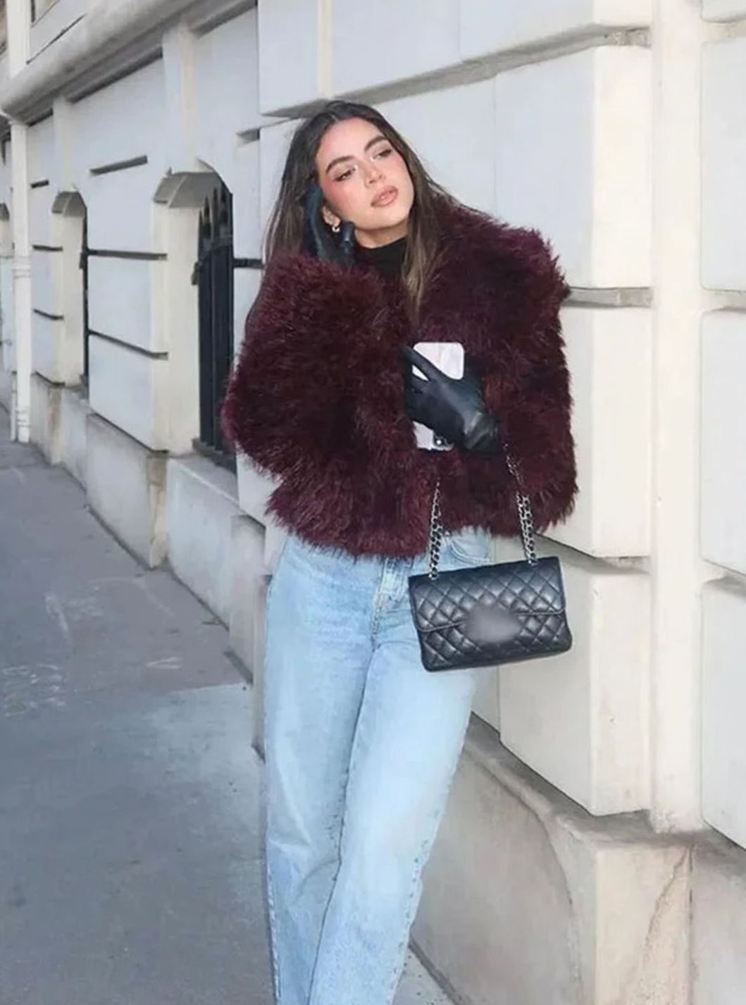 Women's Burgundy Faux Fur Oversized-Collar Fluffy Jacket