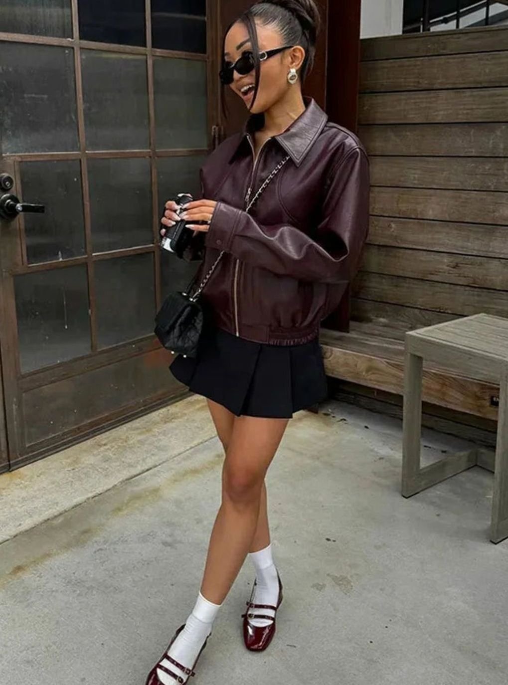 Women's Burgundy Faux Leather Zip-Up Bomber Jacket