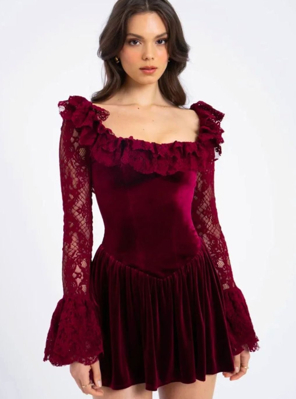Women's Burgundy Velvet Lace-Sleeve Drop-Waist Mini Dress