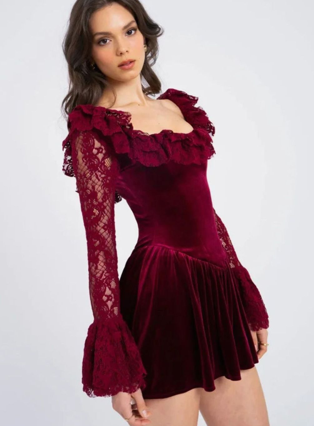 Women's Burgundy Velvet Lace-Sleeve Drop-Waist Mini Dress