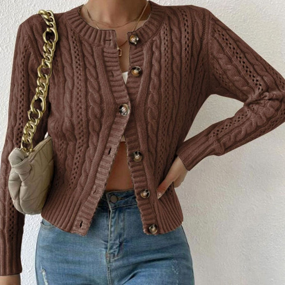 Women's Cable Knit Button-Front Cropped Cardigan - Brown