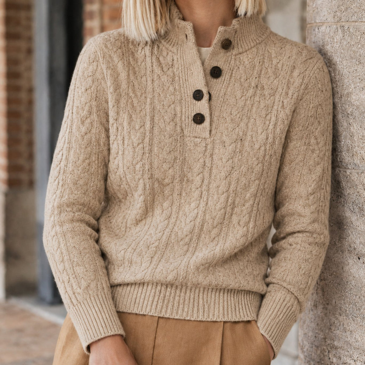 Women's Cable-Knit Cashmere Blend Buttoned Slim Jumper - Khaki