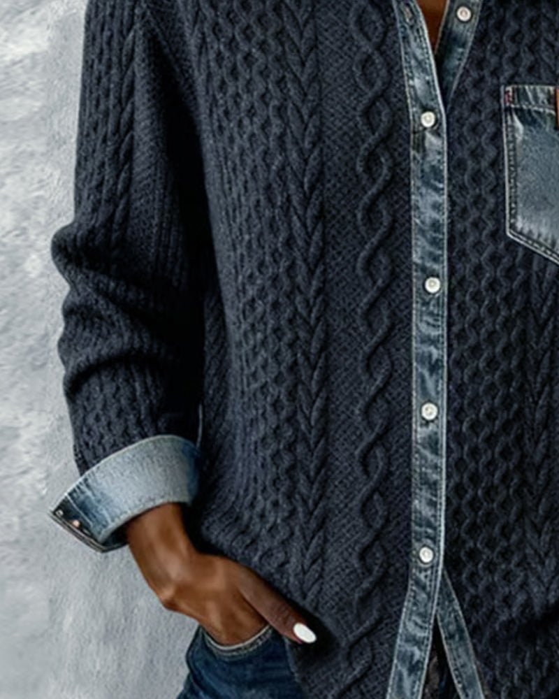 Women's Cable-Knit Denim Patchwork Long-Sleeve Button-Up Shirt