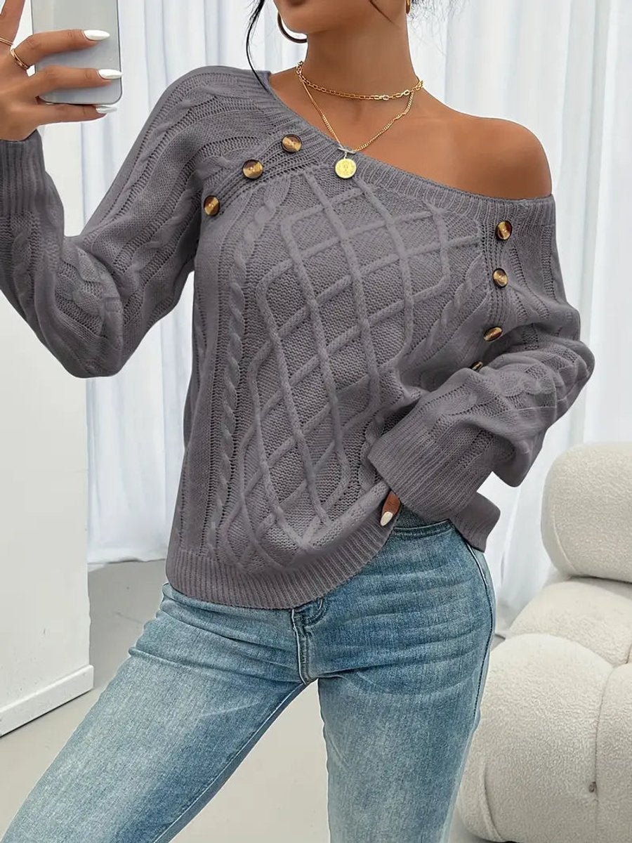 Women's Cable Knit Sweater Round Neck Button Detail Jumper