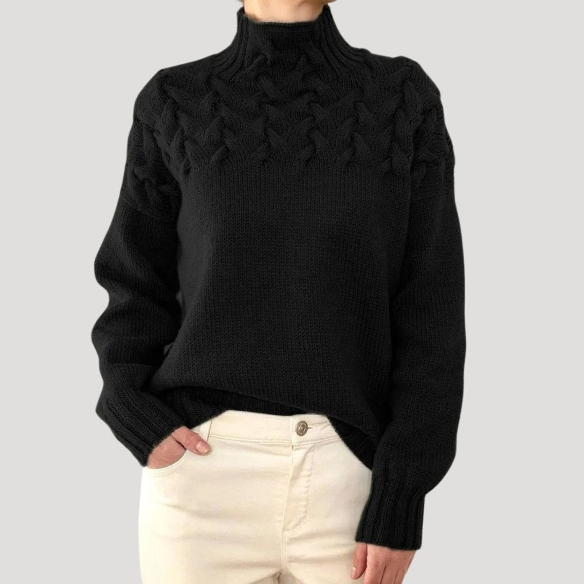 Women's Cable Knit Turtleneck Jumper Sweater - Black