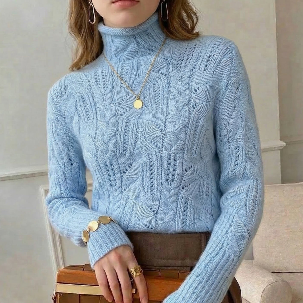 Women's Cable-Knit Turtleneck Knitwear Sweater - Blue
