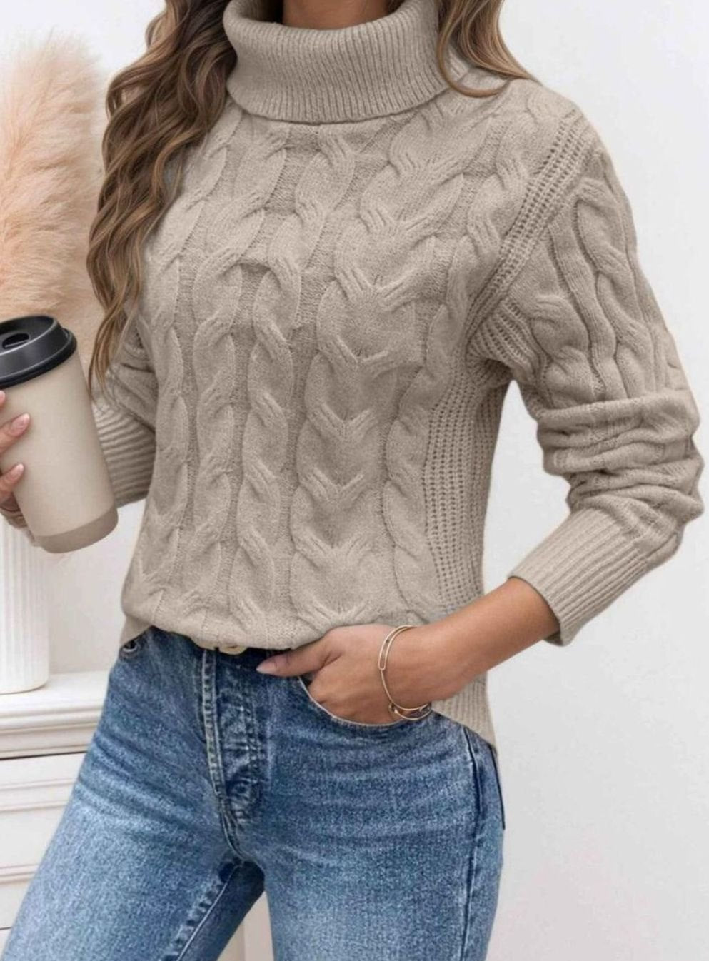 Women's Cable-Knit Turtleneck Long Sleeve Jumper - Light Grey