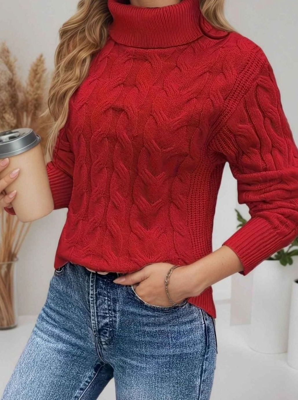 Women's Cable-Knit Turtleneck Long Sleeve Jumper - Red