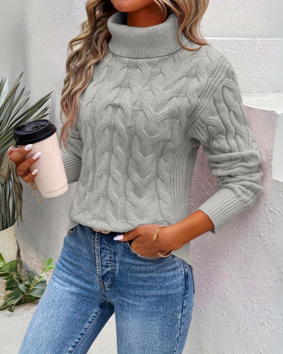 Women's Cable Knit Turtleneck Sweater Long Sleeve Jumper - Grey