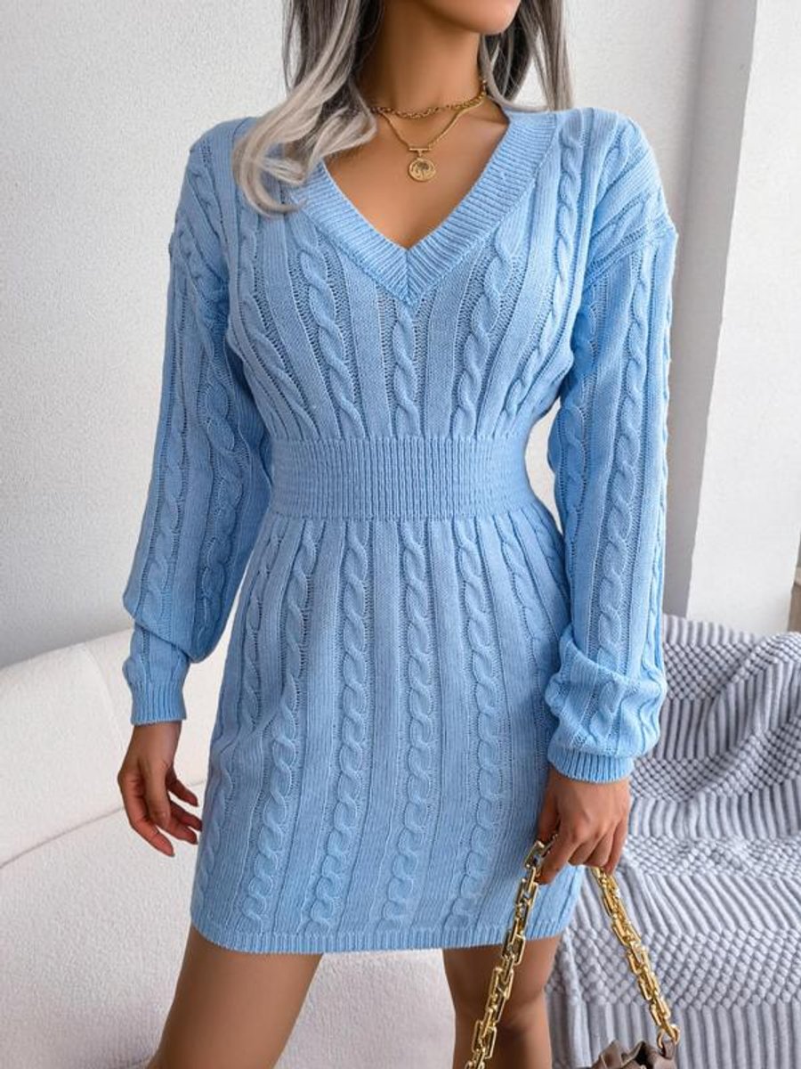Women's Cable-Knit V-Neck Long Sleeve Formal Dresses Bodycon Mini - Blue