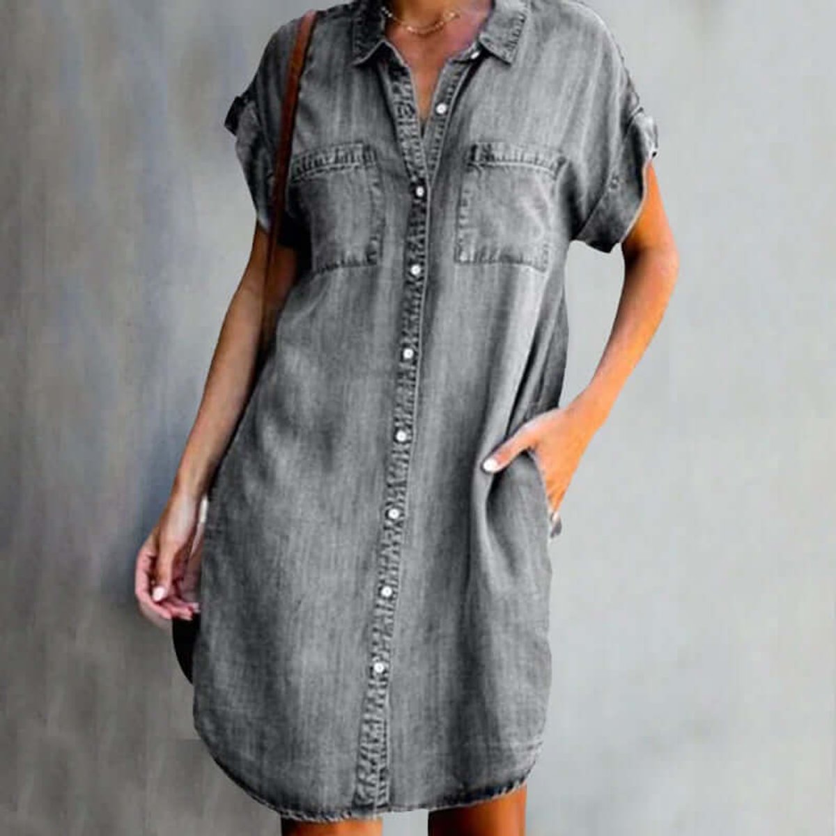 Women's Casual Denim Shirt Party Dress Button-Front Mini - Gray