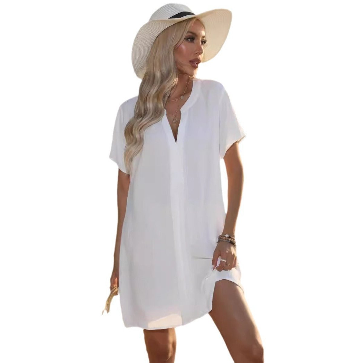 Women's Casual V-Neck Short Sleeve Tunic Dress