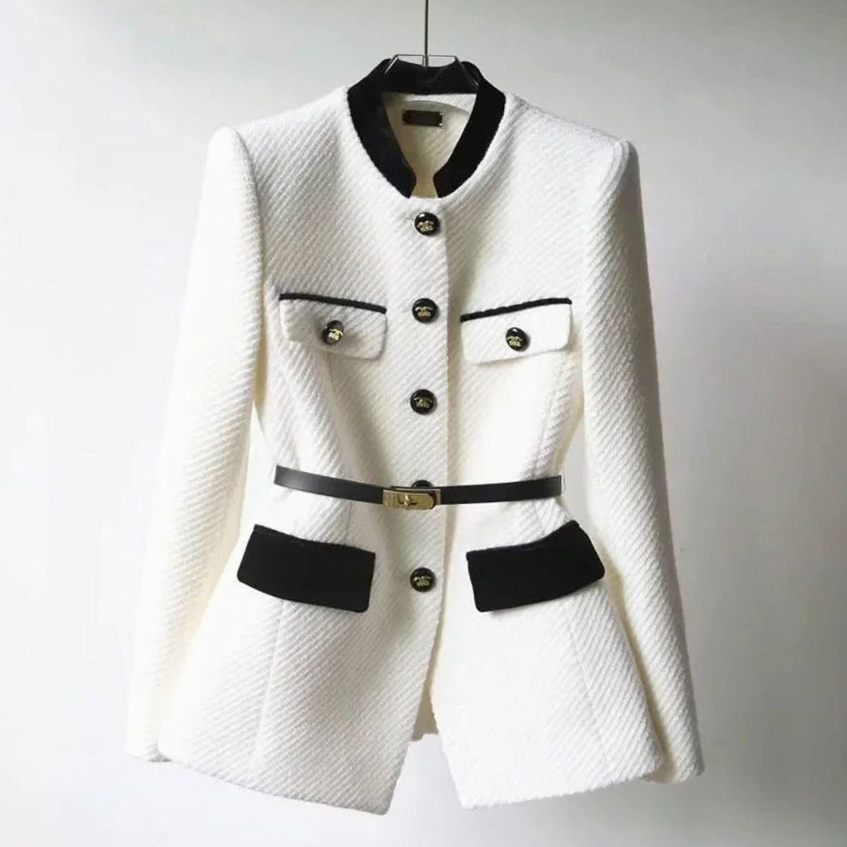 Women's Chic Belted Button-Detail Tailored Coat - White