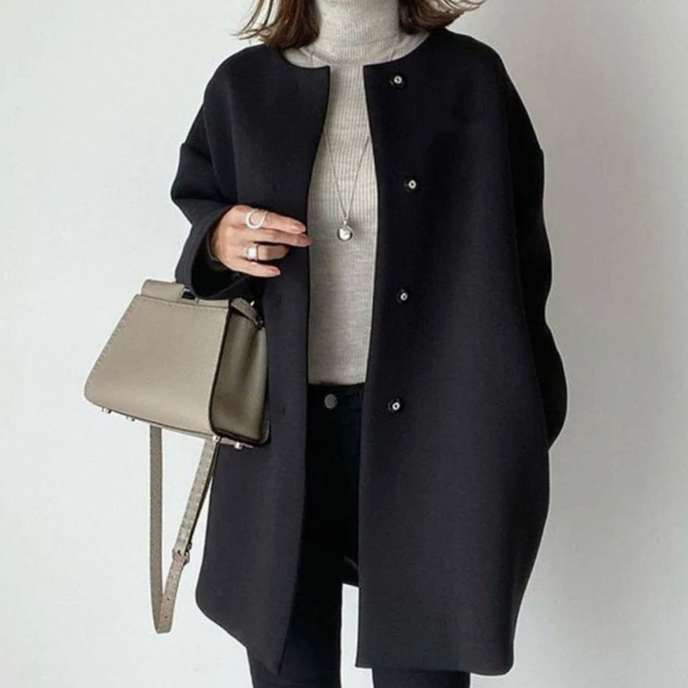 Women's Chic Collarless Button-Front Longline Coat - Black