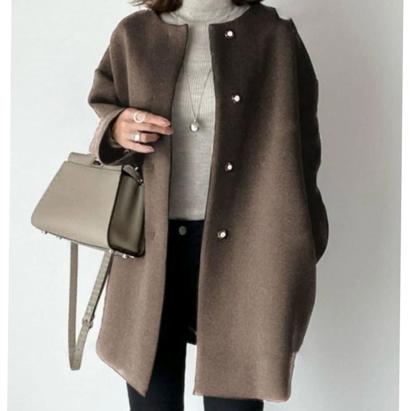Women's Chic Collarless Button-Front Longline Coat - Brown