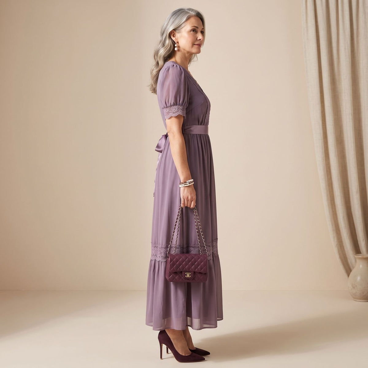 Women's Chiffon Lace Trim Keyhole Maxi Cocktail Party Dress