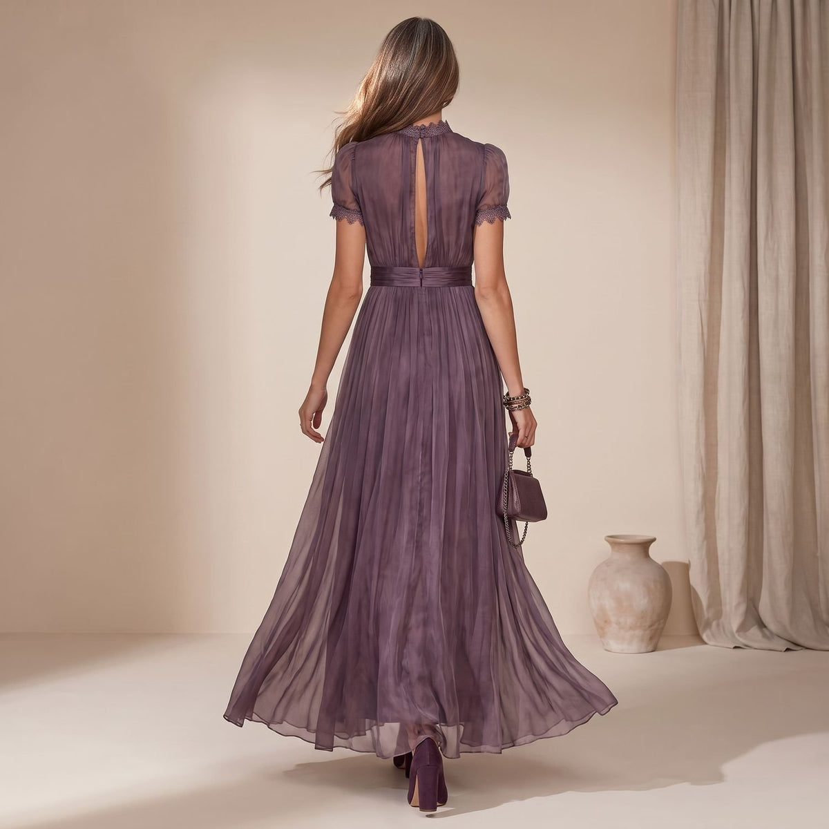 Women's Chiffon Lace Trim Keyhole Maxi Cocktail Party Dress