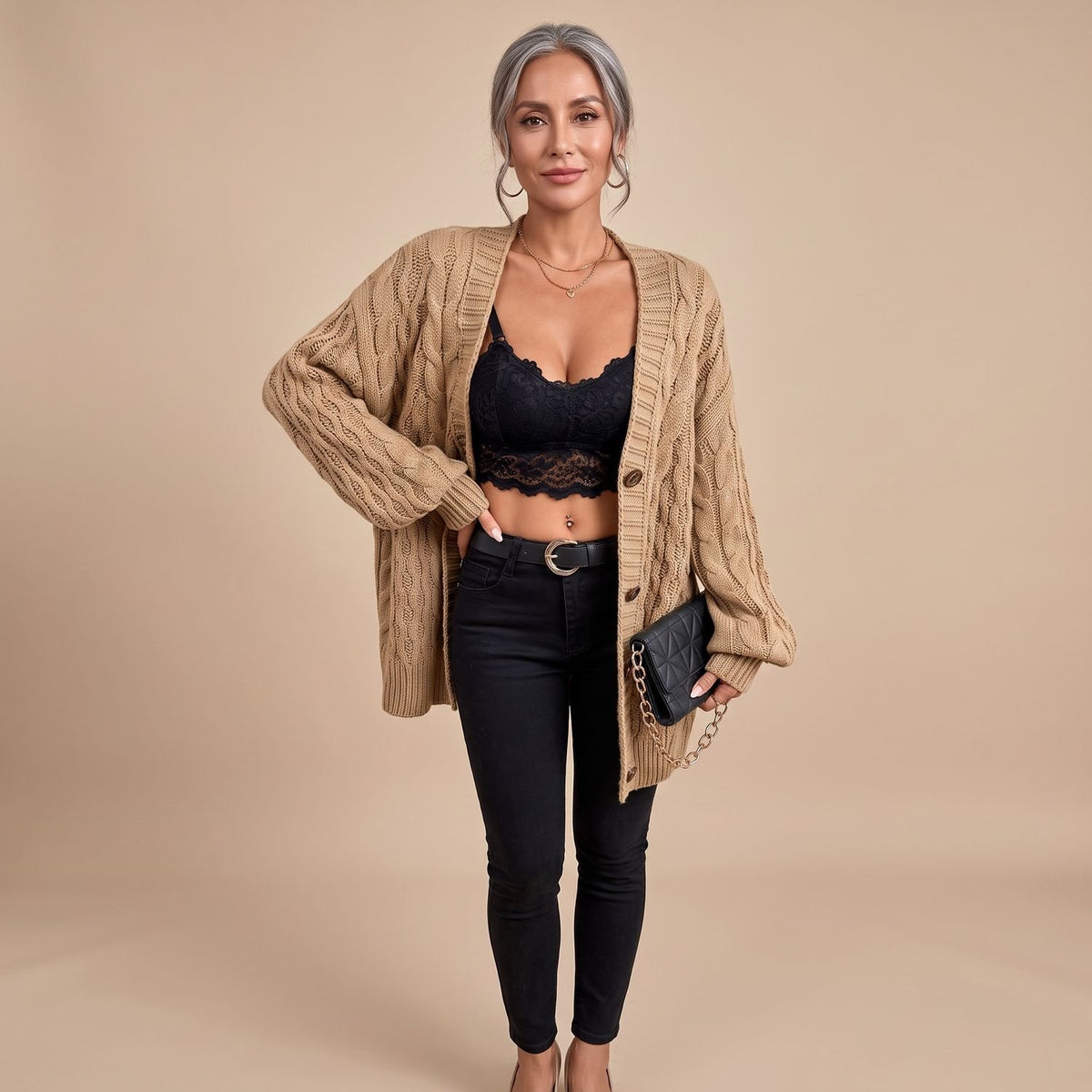 Women's Chunky Cable Knit Oversized Button-Front Cardigan