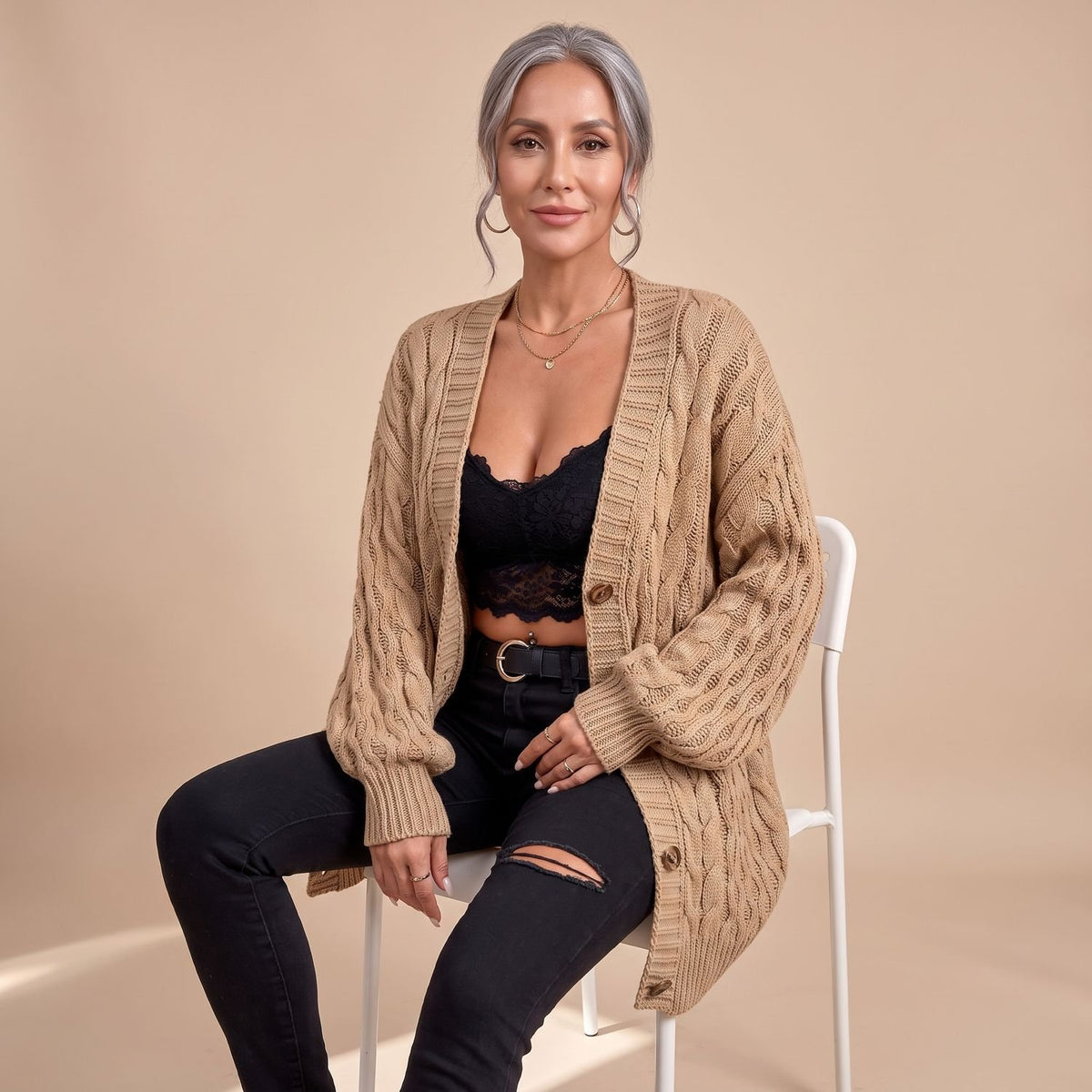 Women's Chunky Cable Knit Oversized Button-Front Cardigan