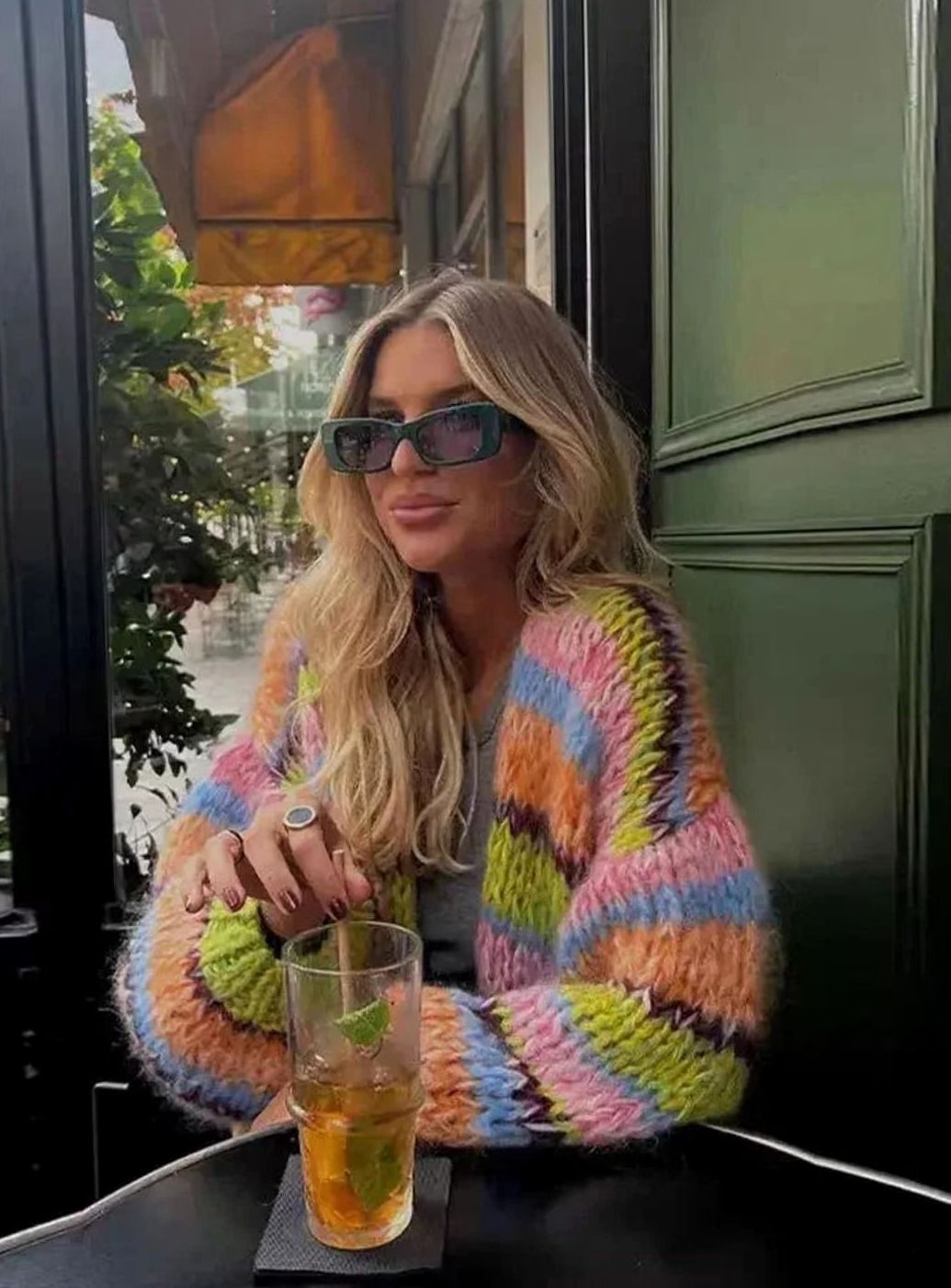 Women's Chunky Multi Coloured Knit Striped Cardigan - Multicolour