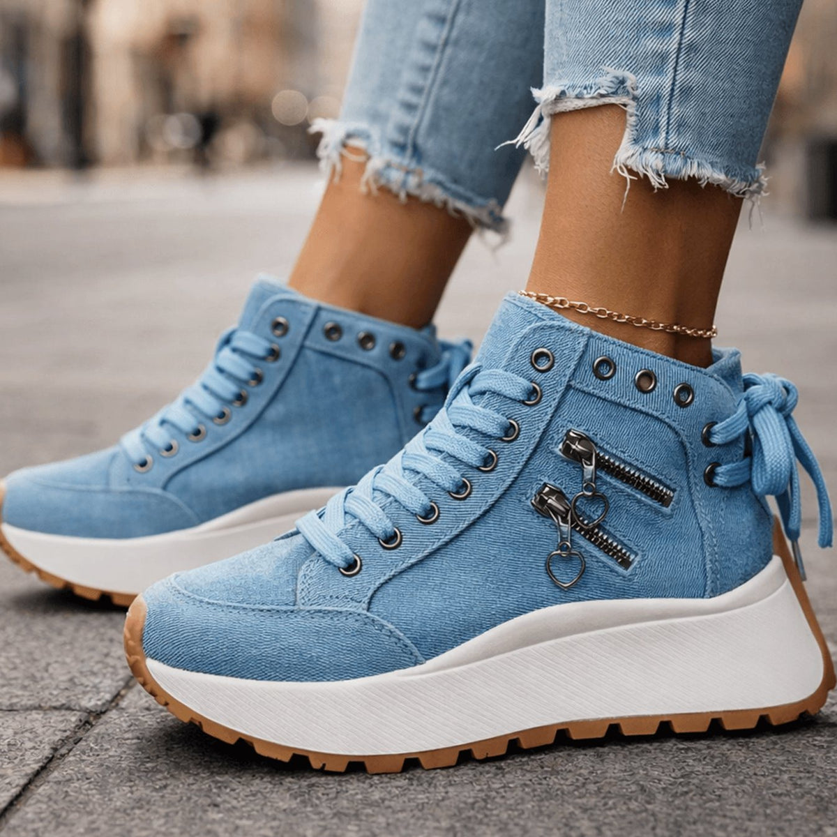 Women's Chunky Platform Lace-Up High-Top Trainers Zip Detail