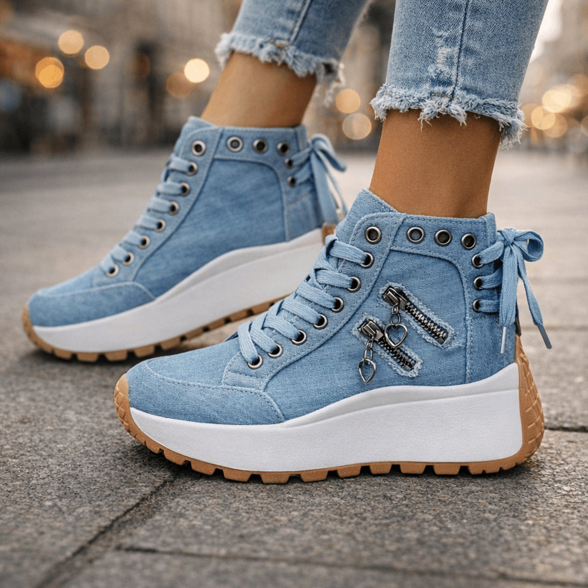Women's Chunky Platform Lace-Up High-Top Trainers Zip Detail - Blue