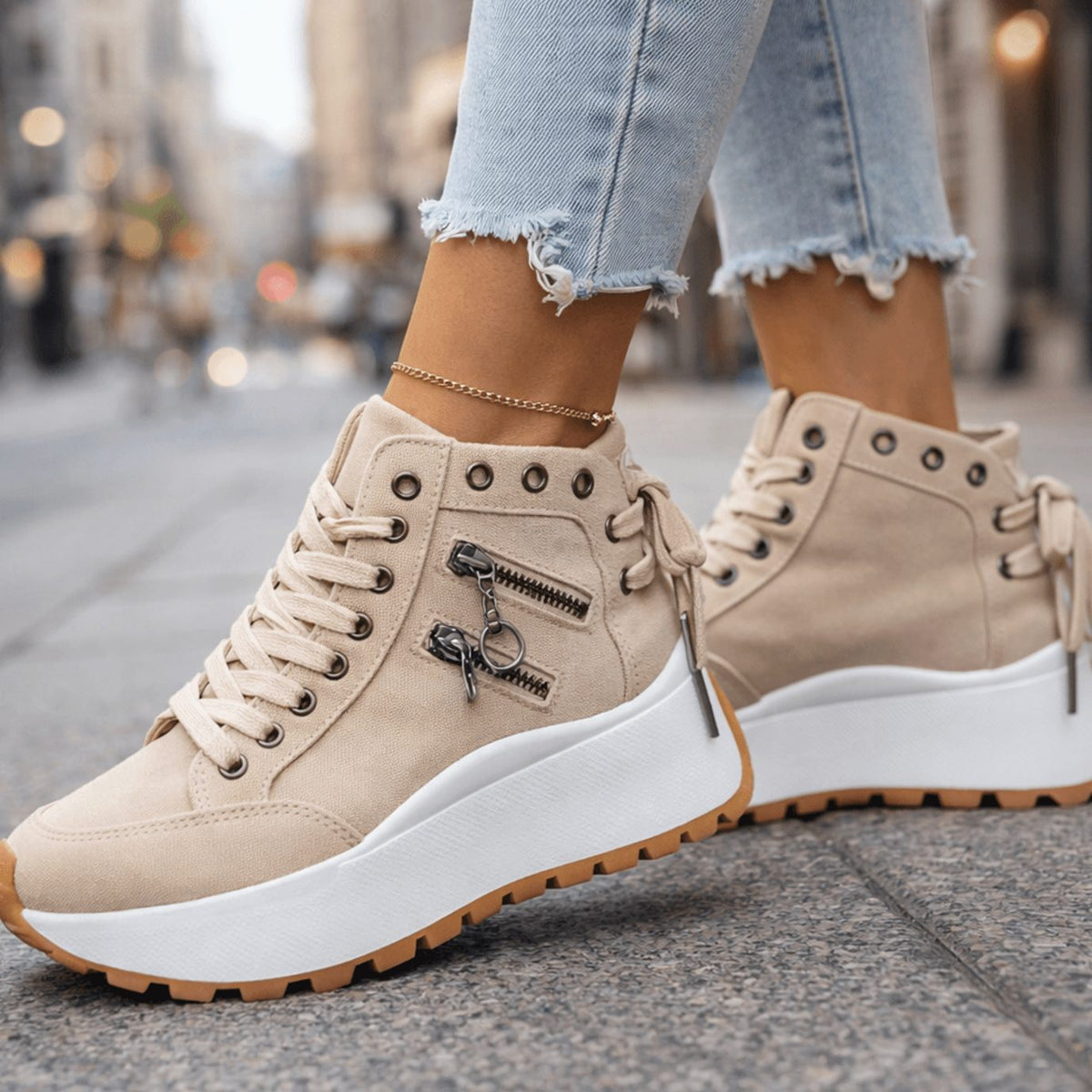 Women's Chunky Platform Lace-Up High-Top Trainers Zip Detail