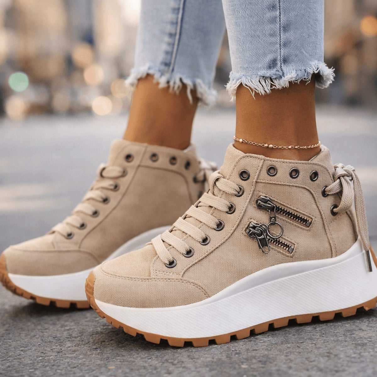 Women's Chunky Platform Lace-Up High-Top Trainers Zip Detail - Khaki