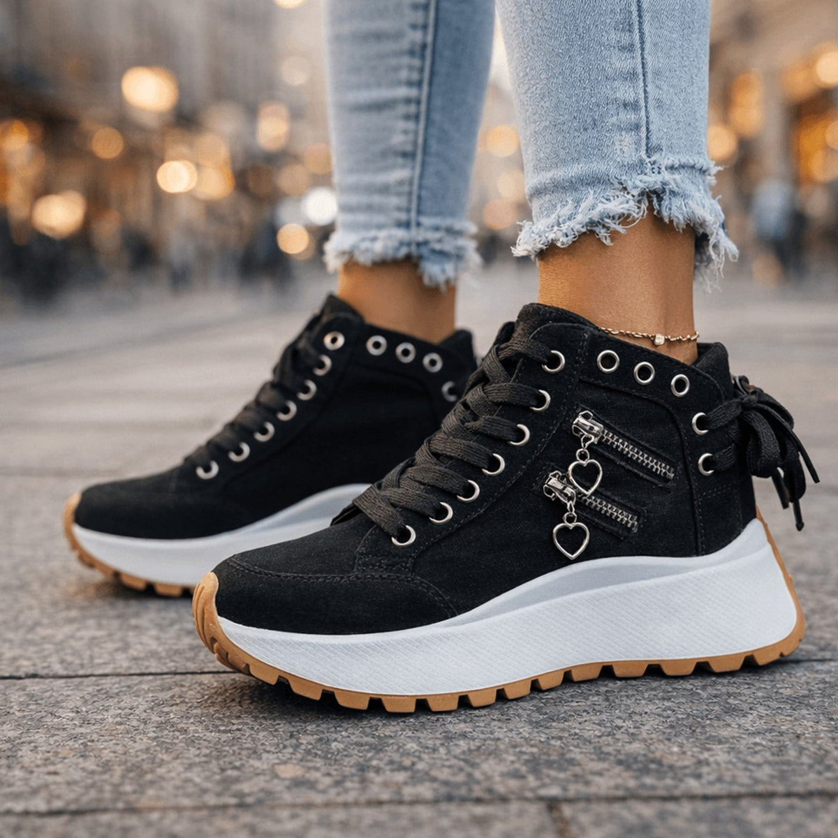 Women's Chunky Platform Lace-Up High-Top Trainers Zip Detail - Black