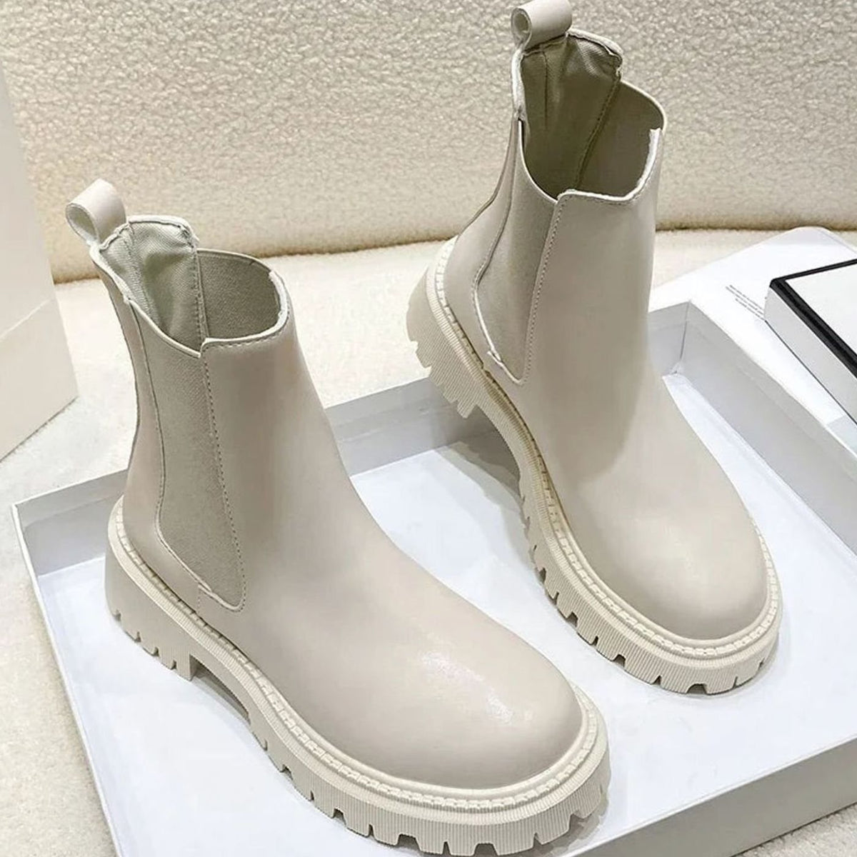 Women's Chunky-Sole Slip-On Chelsea Ankle Boots - White