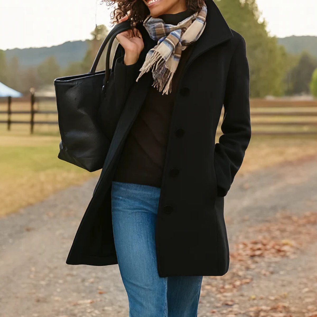 Women's Classic Mid-Length Single-Breasted Wool-Look Coat - Black
