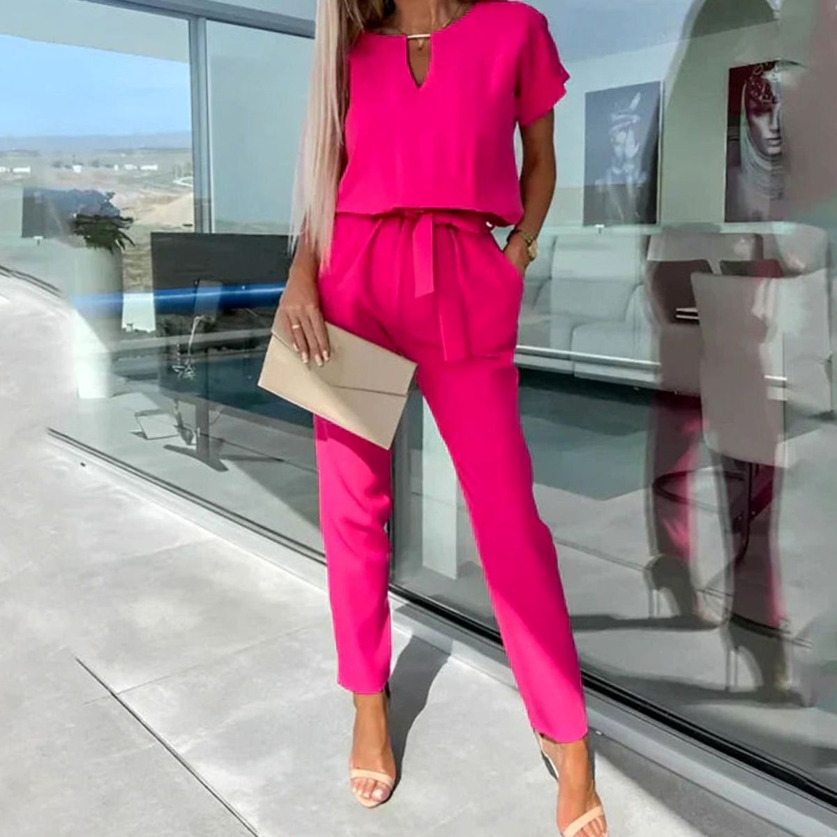 Women's Co-ord Two-Piece Set Short-Sleeve V-Neck Top Straight-Leg Trousers - Pink