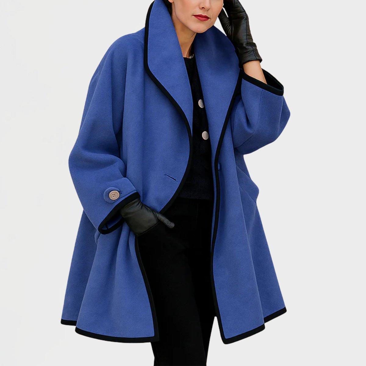 Women's Coat Oversized Wool-Blend Contrast-Trim Swing Coat - Blue