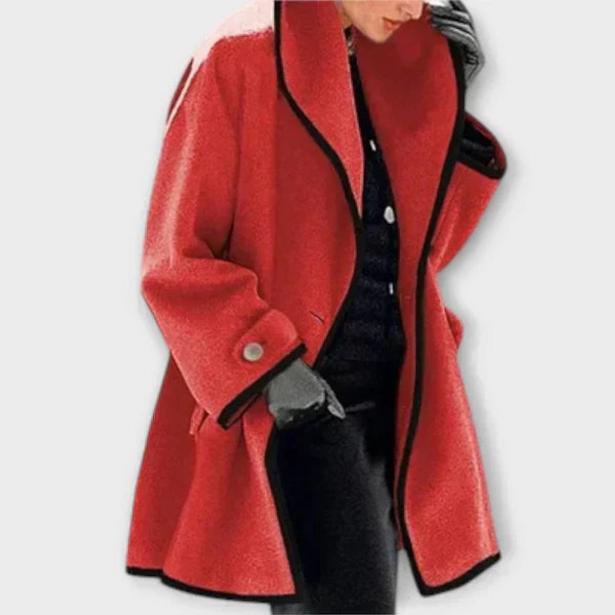 Women's Coat Oversized Wool-Blend Contrast-Trim Swing Coat - Red