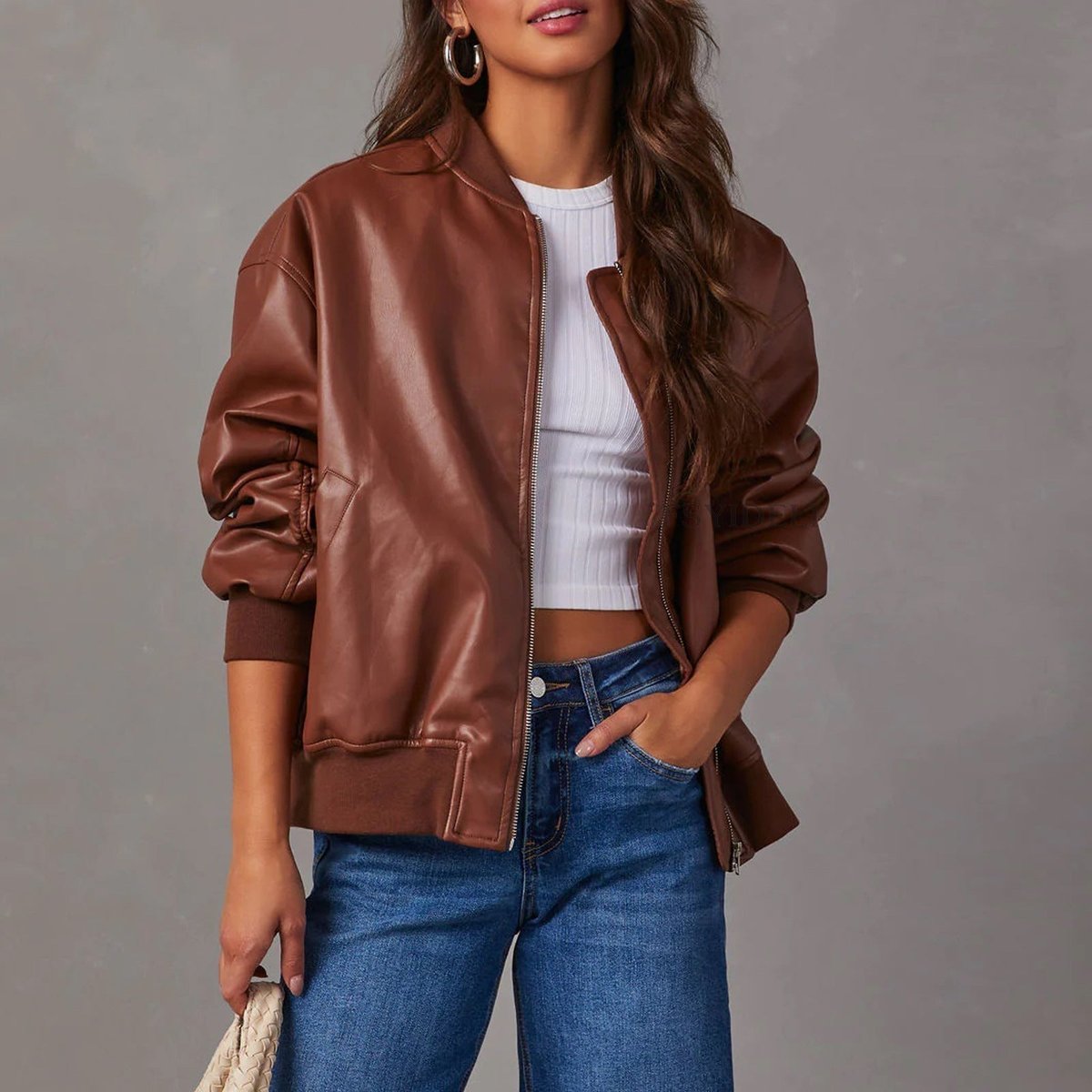 Womens Coat Relaxed Bomber Faux Leather Zip-Up Jacket - Brown
