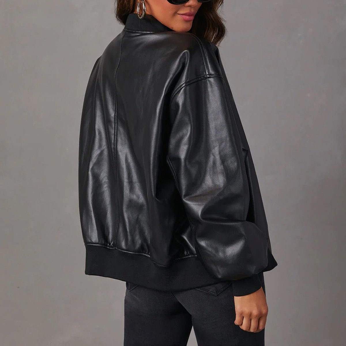 Womens Coat Relaxed Bomber Faux Leather Zip-Up Jacket