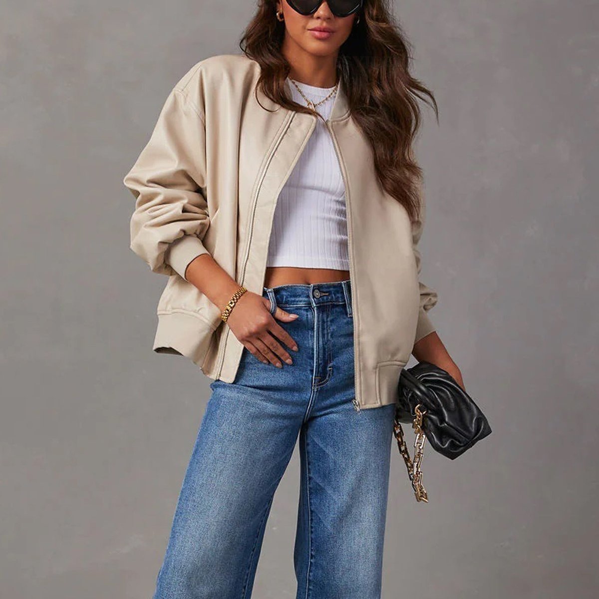 Womens Coat Relaxed Bomber Faux Leather Zip-Up Jacket