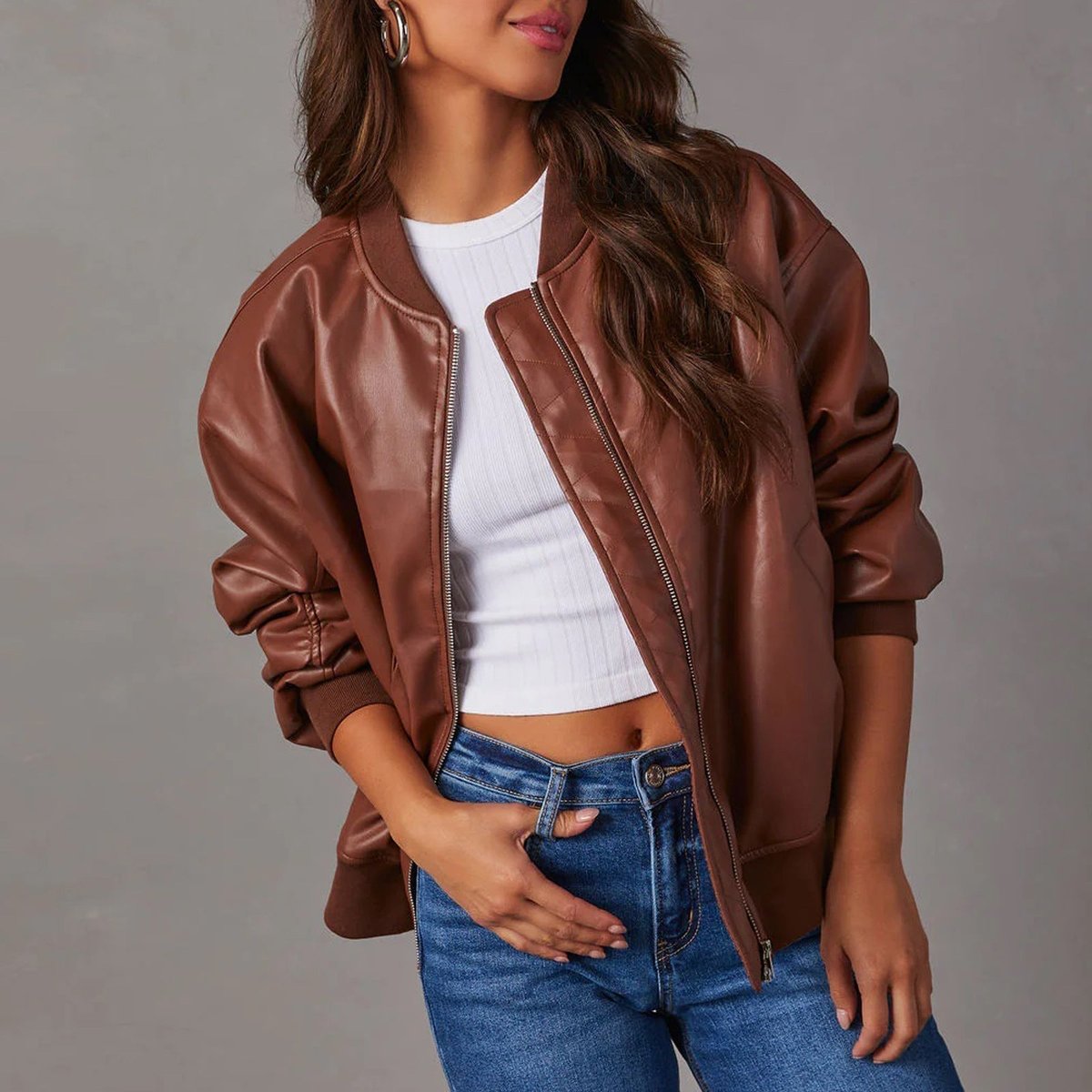 Womens Coat Relaxed Bomber Faux Leather Zip-Up Jacket