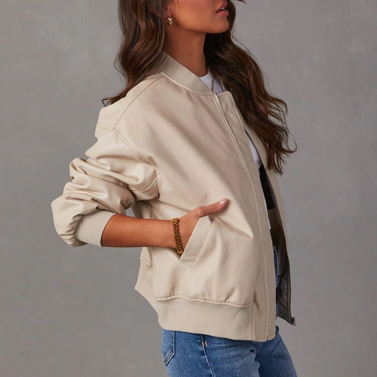 Womens Coat Relaxed Bomber Faux Leather Zip-Up Jacket