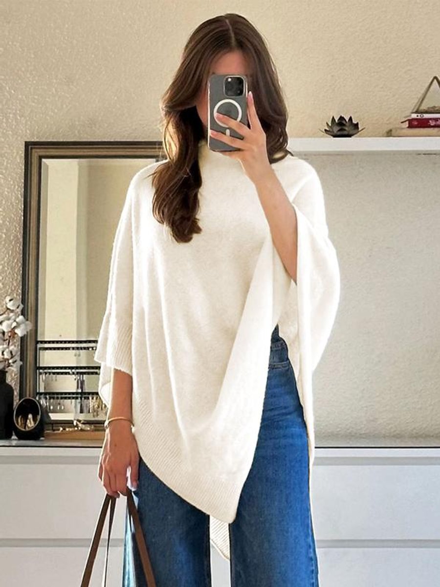 Womens Coat-Style Asymmetric Hem Knit Cape Poncho - Ivory