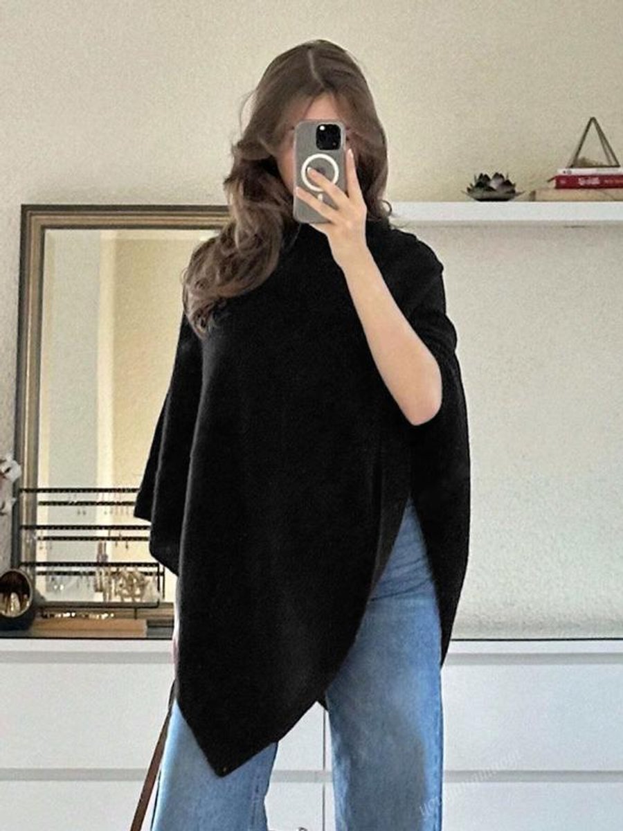 Womens Coat-Style Asymmetric Hem Knit Cape Poncho - Black