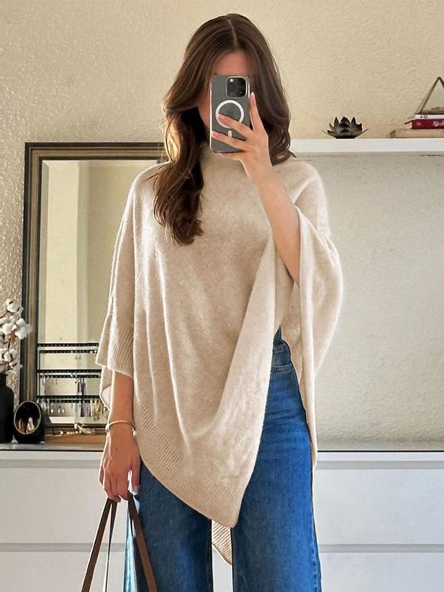 Womens Coat-Style Asymmetric Hem Knit Cape Poncho - Beige