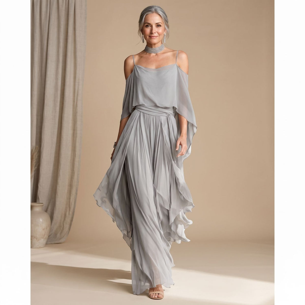 Women's Cold-Shoulder Chiffon Flowy Wide-Leg Coord Set