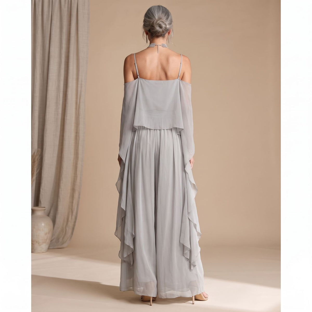 Women's Cold-Shoulder Chiffon Flowy Wide-Leg Coord Set