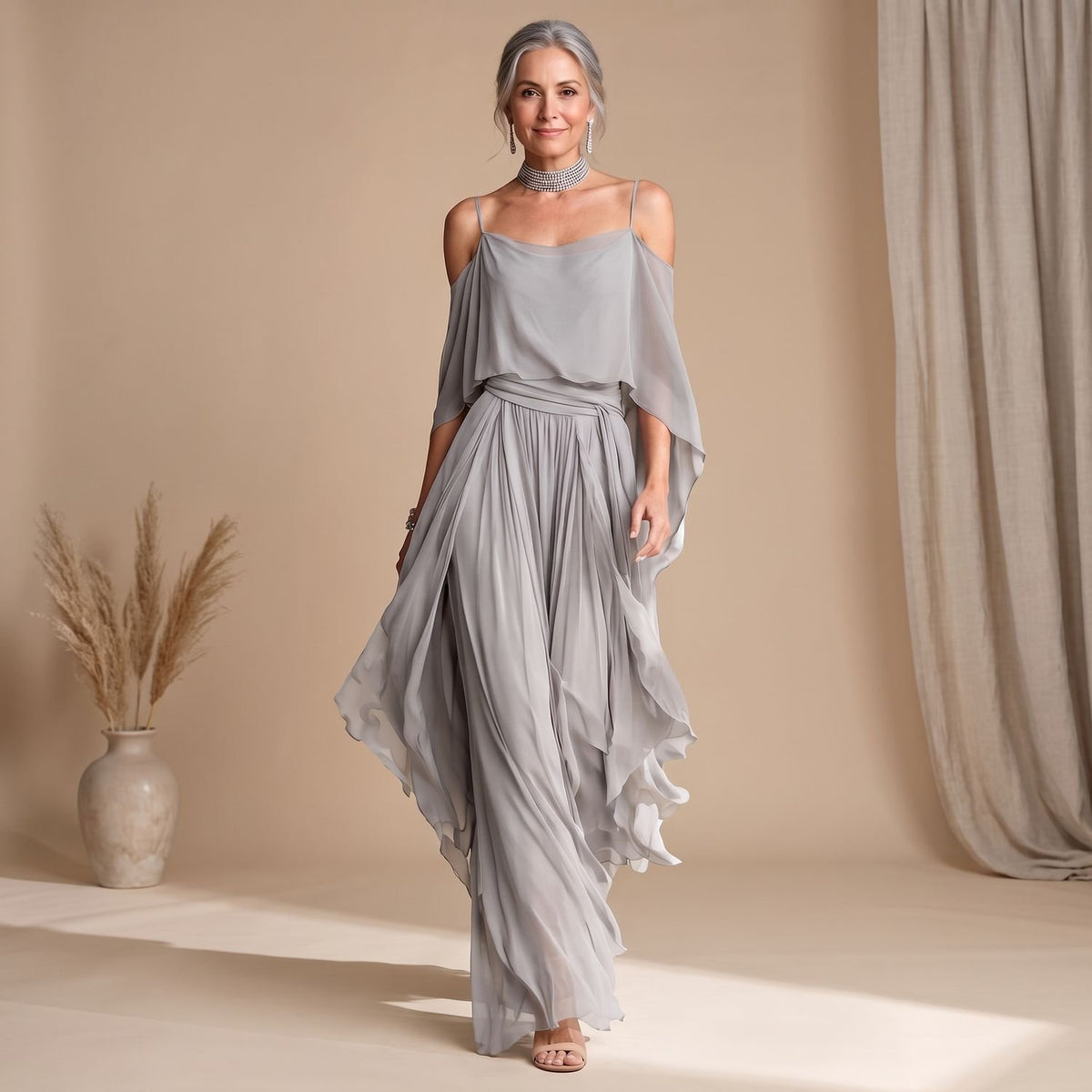 Women's Cold-Shoulder Chiffon Flowy Wide-Leg Coord Set