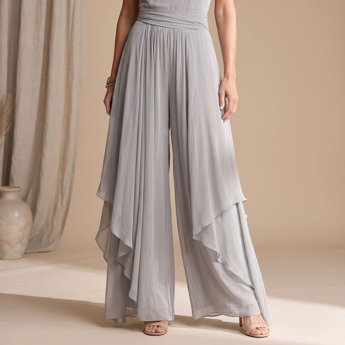 Women's Cold-Shoulder Chiffon Flowy Wide-Leg Coord Set