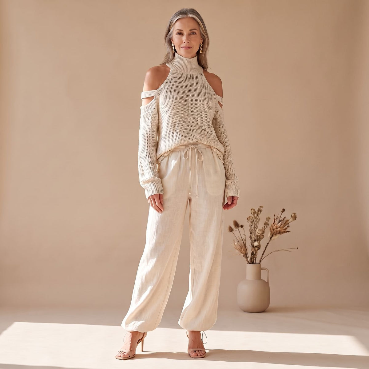 Women's Cold-Shoulder Knitted Coord Set Wide-Leg Trousers - White